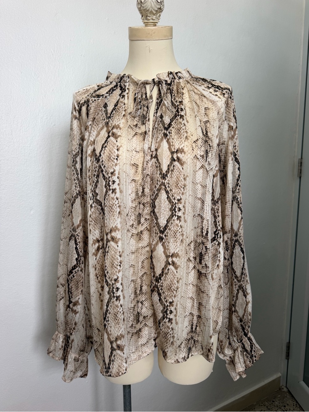 glam Neutral Snake-Print Long Sleeve Peasant Blouse